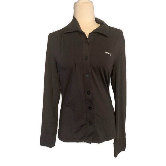 Puma Black Long Sleeve Button Down Polo Soft Stretchy Top medium - Picture 1 of 7